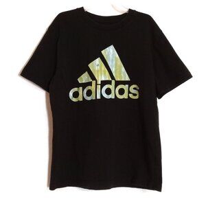 Adidas black short sleeve t shirt with blue green logo boys size 8 medium